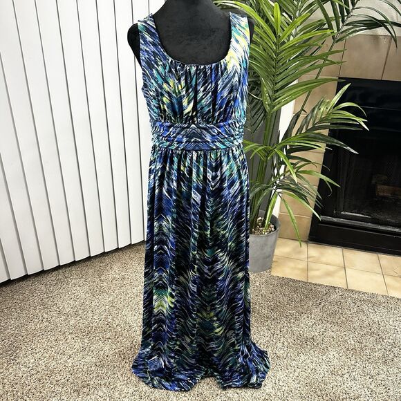 AB Studio Women's L Maxi Dress Navy, Yellow, Blue, Green Chevron Empire Waist - Picture 1 of 11